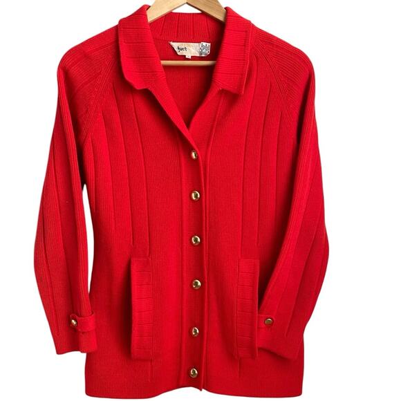 VTG 70s DUET CREATIONS Ribbed Knit Button Cardigan Sweater Cherry Red‎ Gold S - Picture 1 of 12